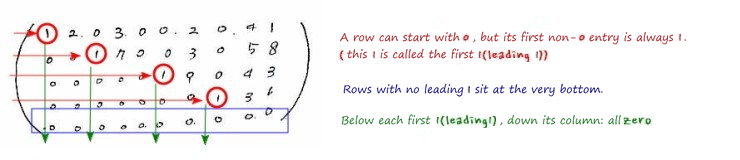 Leading 1s circled: a row can start with 0s but its first nonzero entry is 1, zero rows at the bottom, zeros below each leading 1
