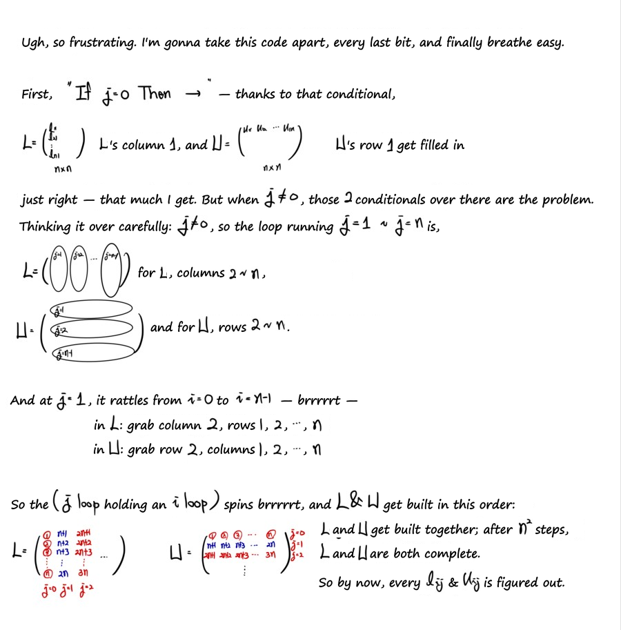 Handwritten notes: the order in which the double loop fills L and U