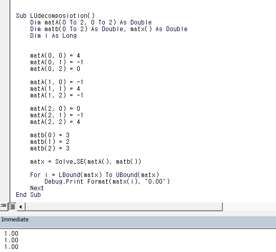 Test Sub for the 3 × 3 system, printing 1.00, 1.00, 1.00 in the Immediate window