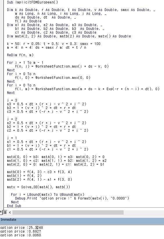 VBA program ImplicitFDMEuropean: m = n = 4, the coefficients a, b, c for j = 3, 2, 1, matA and matb, Solve_SE, and the three option prices in the Immediate window
