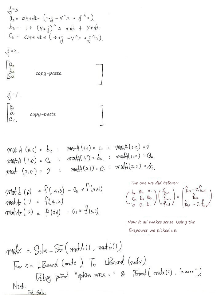 Handwritten notes, bottom half: the j = 2 and j = 1 coefficients are copy-paste, the matrix equation from before, and Solve_SE, the firepower we picked up