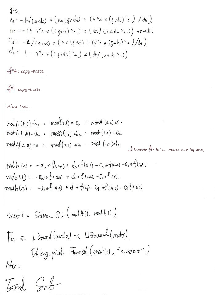 Handwritten notes, bottom half: the j = 3 coefficients (j = 2 and j = 1 are copy-paste), filling matA and matb, Solve_SE and the print loop