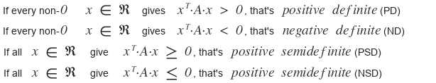 Definitions: if every non-zero x gives xᵀ·A·x above 0, A is positive definite (PD); below 0, negative definite (ND); if every x gives at least 0, positive semidefinite (PSD); at most 0, negative semidefinite (NSD)