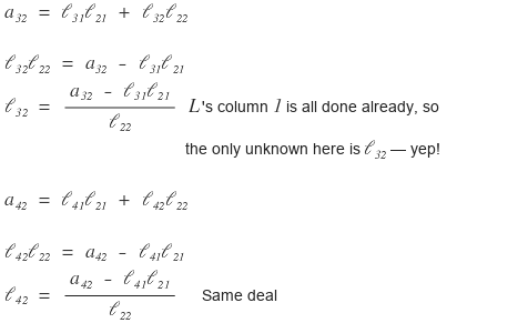 ℓ₃₂ = (a₃₂ − ℓ₃₁ℓ₂₁)/ℓ₂₂: L&rsquo;s column 1 is done, so ℓ₃₂ is the only unknown; same deal for ℓ₄₂