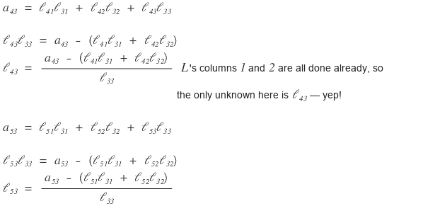 ℓ₄₃ = (a₄₃ − (ℓ₄₁ℓ₃₁ + ℓ₄₂ℓ₃₂))/ℓ₃₃: columns 1 and 2 are done, so ℓ₄₃ is the only unknown; the same goes for ℓ₅₃