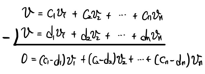 Two ways of writing the same v, with coefficients c_1 &hellip; c_n and d_1 &hellip; d_n, subtracted to give 0 = (c_1 - d_1) v_1 + &hellip; + (c_n - d_n) v_n