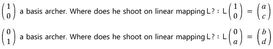 Each of the two basis vectors is sent by L to a column of letters: the first to (a, c), the second to (b, d)
