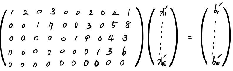 A cleaned-up 5 by 10 matrix with leading 1s in columns 1, 3, 6 and 8 and zeros below the staircase
