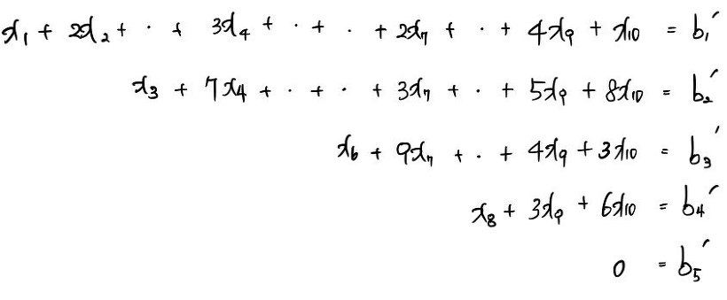 The cleaned-up system of equations, one per row, ending with 0 = b_5 prime