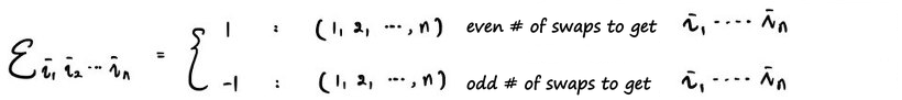 Definition of the epsilon symbol: 1 if (1, 2, …, n) becomes i_1 … i_n by an even number of swaps, -1 if by an odd number