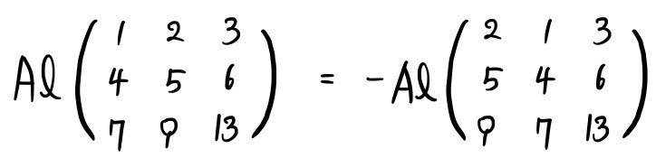 Al of a 3 by 3 matrix equals minus Al of the same matrix with its first two columns swapped