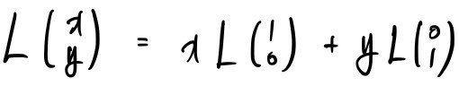 L of the vector (x, y) equals x times L of (1, 0) plus y times L of (0, 1)