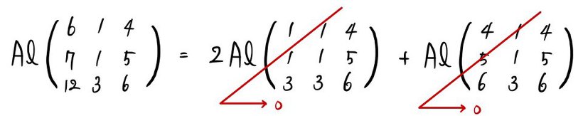 Al(A) splits into 2 Al of a matrix with two equal columns plus Al of another matrix with two equal columns, both struck out as 0