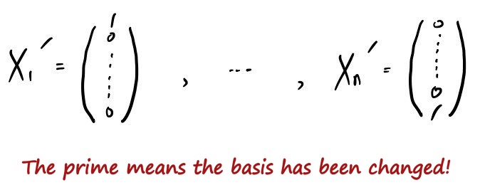 X₁′ = (1, 0, …, 0), …, Xₙ′ = (0, …, 0, 1), with the note: the prime means the basis has been changed
