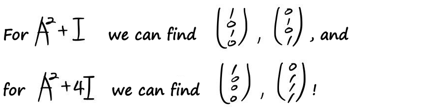 For A² + I we can find (1, 0, 1, 0) and (0, 1, 0, 1); for A² + 4I, (1, 0, 0, 1) and (0, 1, 1, 1)