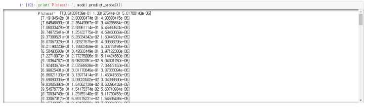 Jupyter output of predict_proba(X): one row per flower with the probabilities of class 0, 1 and 2, the first row 0.862, 0.138 and 0.000005