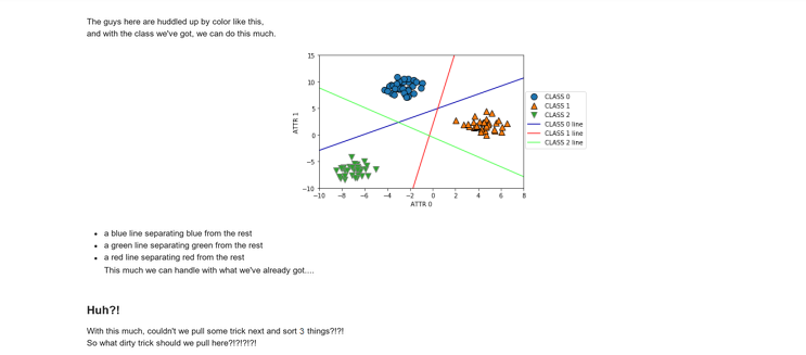The whole notebook, page 2: the three one-vs-rest lines and the dirty-trick question