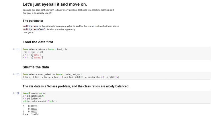 The whole notebook, page 4: the multi_class parameter, loading and splitting the iris data