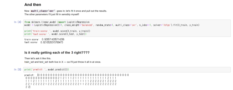 The whole notebook, page 5: the fit with multi_class=‘ovr’, its scores and predict(X)