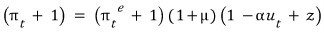 (π_t + 1) = (π^e_t + 1)(1+μ)(1 − αu_t + z)