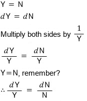 Y = N, so dY = dN; dividing both sides by Y gives dY/Y = dN/N