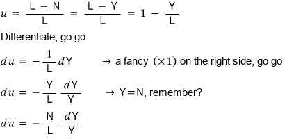 Writing u = 1 − Y/L and differentiating gives du = −(N/L)(dY/Y)
