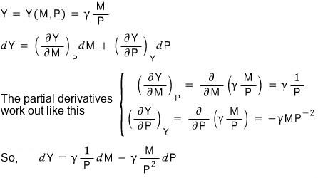 Y = Y(M,P) = γM/P, its total differential and the two partial derivatives, giving dY = γ(1/P)dM − γ(M/P²)dP