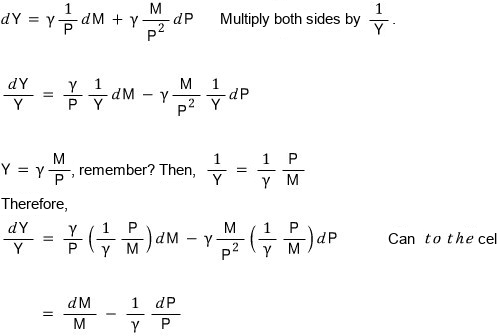 Dividing both sides by Y and substituting 1/Y = (1/γ)(P/M) to reach the growth-rate form