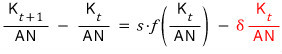 K sub t plus 1 over AN minus K sub t over AN equals s times f of K sub t over AN minus delta K sub t over AN, with the last term in red
