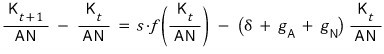 K sub t plus 1 over AN minus K sub t over AN equals s times f of K sub t over AN minus the sum delta plus g sub A plus g sub N, times K sub t over AN