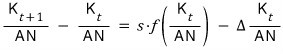 K sub t plus 1 over AN minus K sub t over AN equals s times f of K sub t over AN minus capital Delta times K sub t over AN