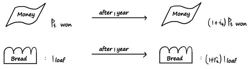 Diagram: P sub t won of money becomes (1 plus i sub t) times P sub t won after 1 year, while 1 loaf of bread becomes (1 plus r sub t) times 1 loaf after 1 year