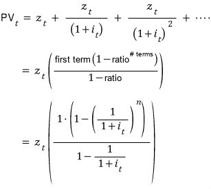 Constant rate and payment: PV_t = z_t + z_t/(1 + i_t) + z_t/(1 + i_t)² + ⋯ = z_t · first term(1 − ratio^(# terms))/(1 − ratio) = z_t · 1·(1 − (1/(1 + i_t))^n)/(1 − 1/(1 + i_t))