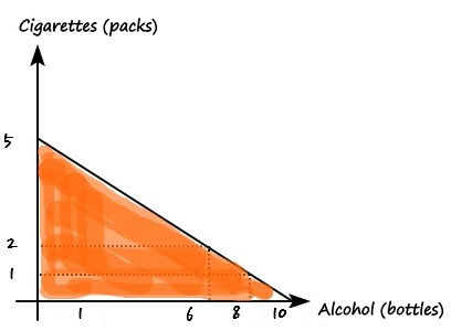 Budget line for 10,000 won: every combination of bottles and packs inside the shaded triangle is affordable