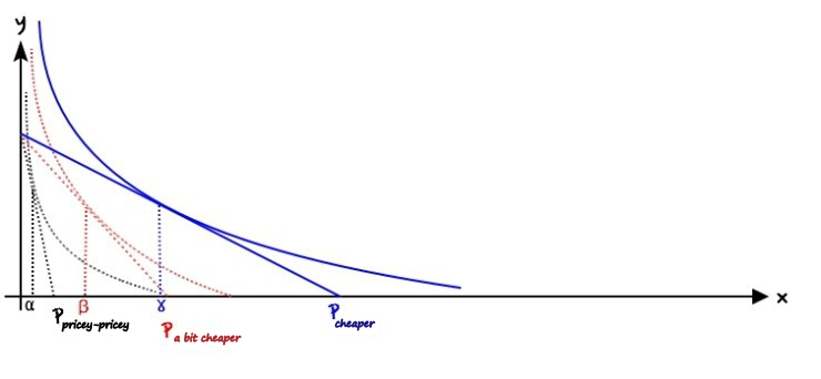 Third price: a blue budget line touching a still higher indifference curve, the chosen quantity marked gamma