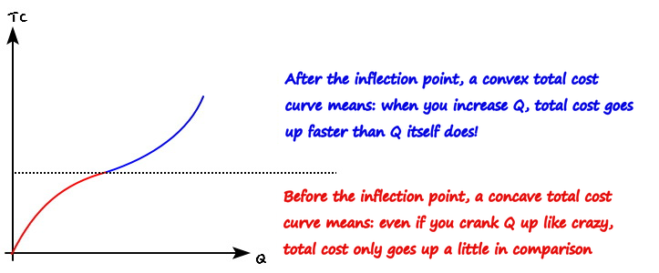 TC against Q with a dotted line at the inflection point. Blue note: after the inflection point a convex total cost curve means total cost goes up faster than Q. Red note: before it, a concave total cost curve means total cost only goes up a little however much Q is cranked up
