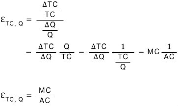 E_TC,Q = (ΔTC/TC)/(ΔQ/Q) = (ΔTC/ΔQ)(Q/TC) = (ΔTC/ΔQ) times 1/(TC/Q) = MC times 1/AC, so E_TC,Q = MC/AC