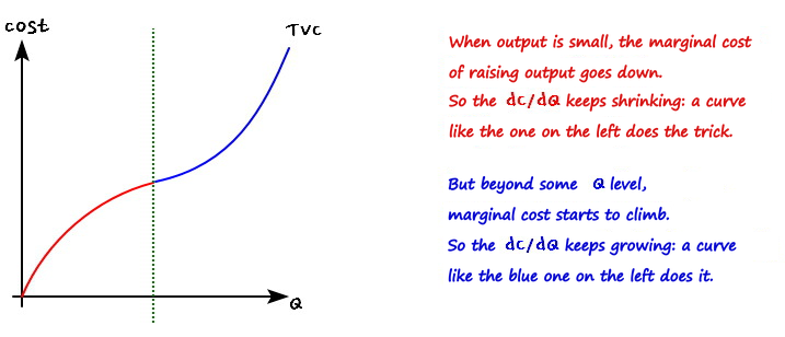 The TVC curve, red and concave at first, then blue and convex after a green dotted line. Red note: when output is small, the marginal cost of raising output goes down, so a curve whose dc/dQ keeps shrinking does the trick. Blue note: beyond some Q level marginal cost starts to climb, so the dc/dQ keeps growing