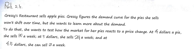 Handwritten problem 2.6: Gressy&rsquo;s restaurant sells 30 apple pies a week at 4 dollars, 24 at 5 dollars and 27 at 4.50