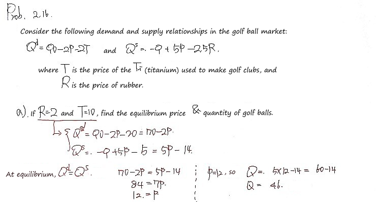 Handwritten problem 2.16 a): golf-ball demand and supply with R = 2 and T = 10 give the equilibrium P = 12 and Q = 46