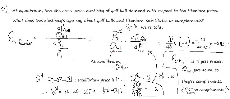 Handwritten solution to 2.16 c): the cross-price elasticity of golf-ball demand with respect to the titanium price is -10/23, about -0.43, so the two are complements