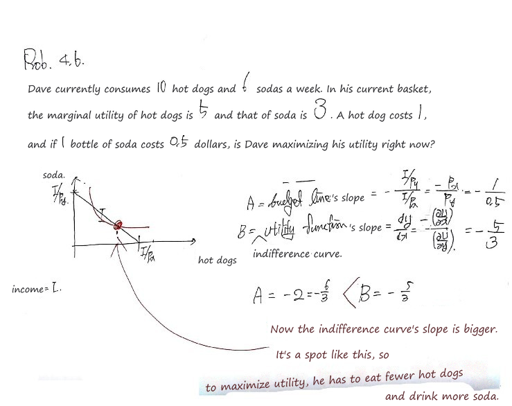 Handwritten problem 4.6: Dave&rsquo;s budget line (slope -2) is steeper than his indifference curve (slope -5/3), so he should eat fewer hot dogs and drink more soda