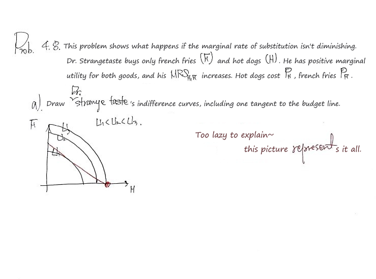 Handwritten problem 4.8: Dr. Strangetaste&rsquo;s increasing MRS gives indifference curves that bow outward, with U1 tangent to the budget line and the best point at a corner