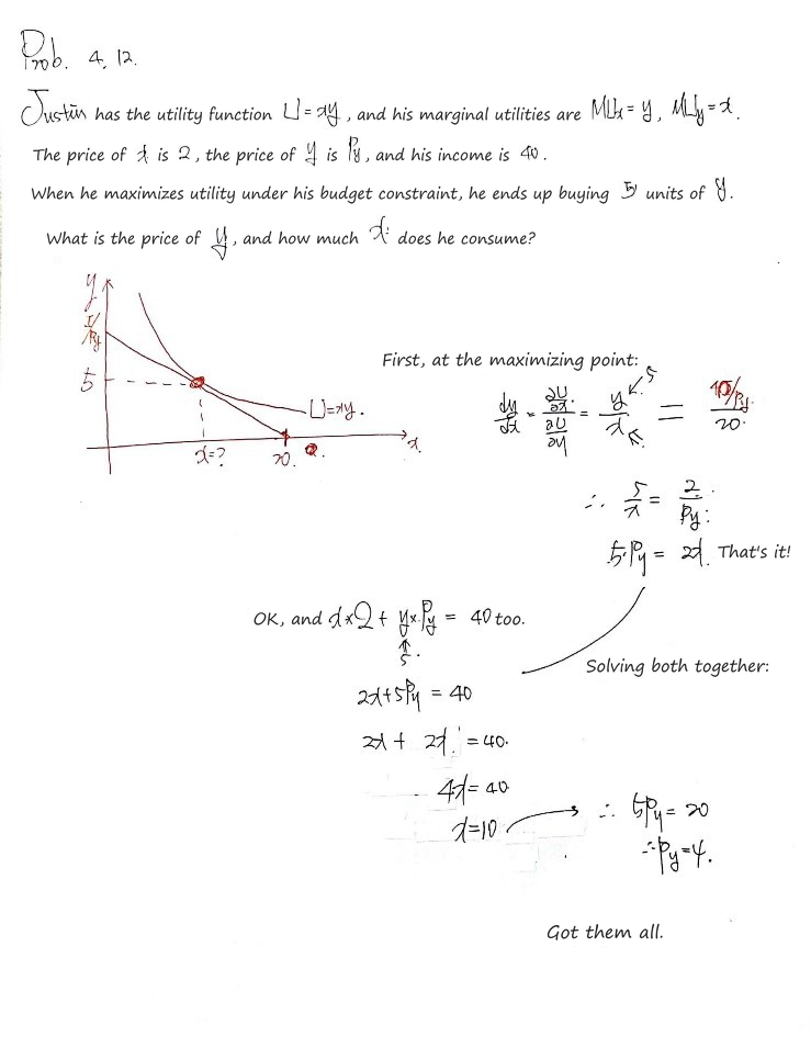 Handwritten problem 4.12: Justin&rsquo;s U = xy, the tangency y/x = 2 over the price of y with y = 5, and the budget 2x + 5 times the price of y = 40 give x = 10 and a price of 4 for y
