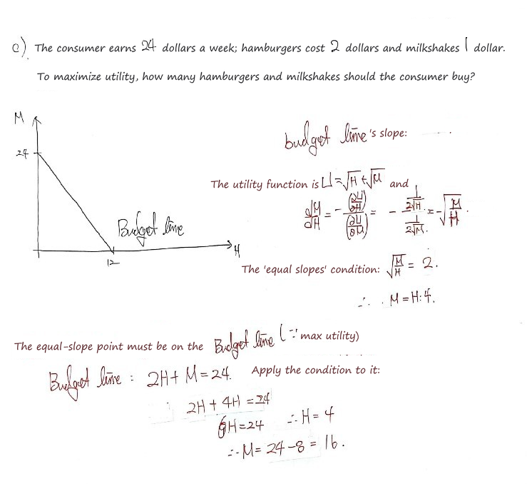 Handwritten problem 4.11 c): with 24 dollars, hamburgers at 2 dollars and milkshakes at 1 dollar, equal slopes give M = 4H, so H = 4 and M = 16