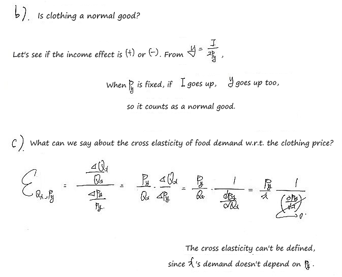 Handwritten sheet for Prob 5.3 b) and c): y = I/(2p_y) grows with I, so clothing is a normal good; then the cross elasticity of food demand with respect to the clothing price, with the note that food demand does not depend on p_y