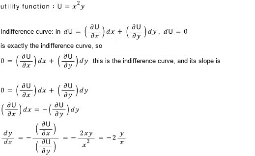 For U = x²y the indifference curve is dU = 0, so its slope is dy/dx = −(∂U/∂x)/(∂U/∂y) = −2xy/x² = −2y/x