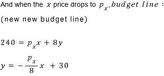 When the x price drops to p_x, the new new budget line is 240 = p_x x + 8y, or y = −(p_x/8)x + 30