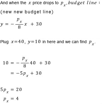 Plug x = 40, y = 10 into y = −(p_x/8)x + 30: 10 = −5p_x + 30, so 5p_x = 20 and p_x = 4