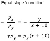 Equal-slope condition: −p_x/p_y = −y/(x + 10), so yp_y = p_x(x + 10)